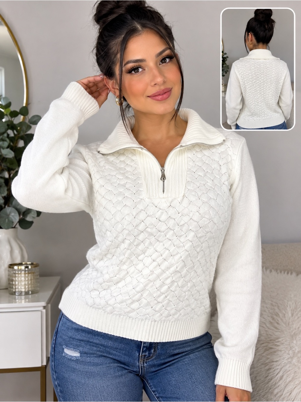 Cyrus Cream Quilted Half-Zip Pullover Sweater